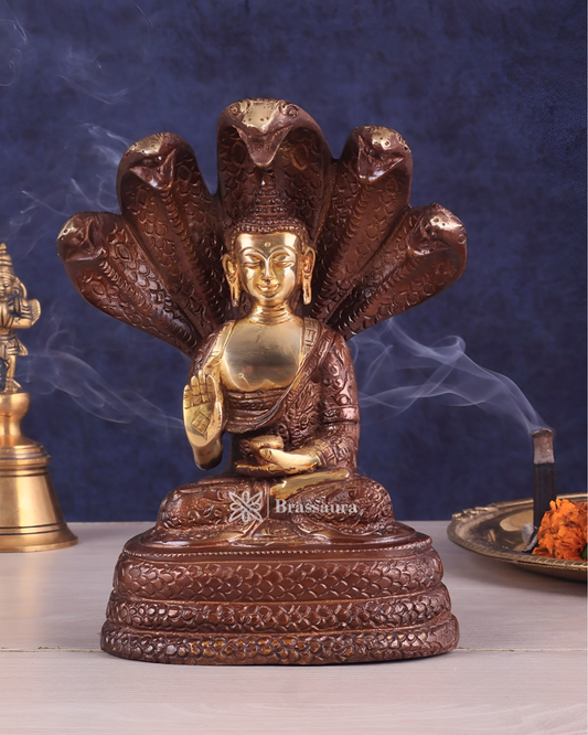 Brassaura™ Pure Brass Buddha Idol – Blessing Buddha Under Muchalinda, Height 8 Inches, Weight 2.33 Kgs