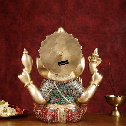 Brassaura™ Large Pure Brass Ganapati Statue – Height 15 Inches, Weight 14.5 Kgs | Multicolor Stonework
