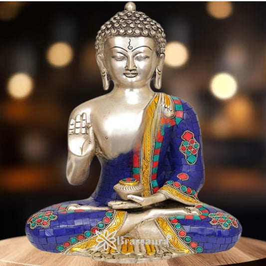Brass Blessing Gem Stone Work Buddha Weight 6 Kg & Height 12 Inch