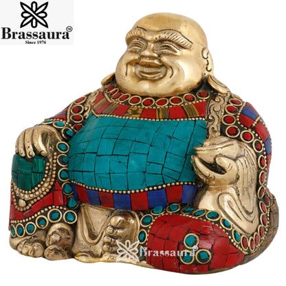 Brass Laughing Gem Stone Work Buddha Weight 1.4 kg & Height 4 Inch