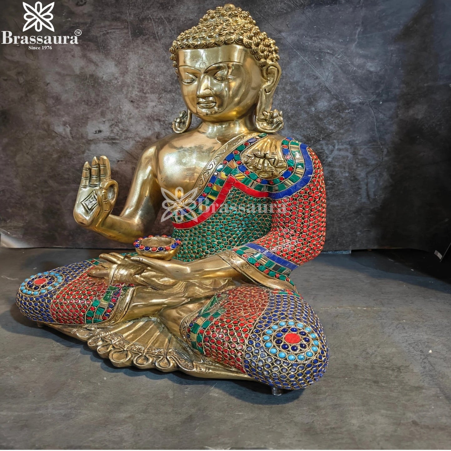 Brass Blessing Gem Stone Work Multicolored Buddha Weight 17.5 kg & Height 19 Inch