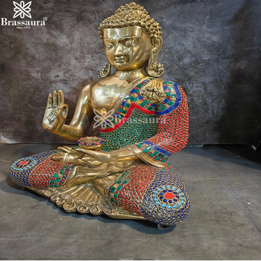 Brassaura® Buddha Sitting in Blessing Mudra Idol with Gem Stone Work Finish and Lotus Seat | Pure Superfine Brass Handcrafted Murti | Brass Statue for Home Temple, Pooja Room | Height 19 Inches | Weight 17.5 Kgs