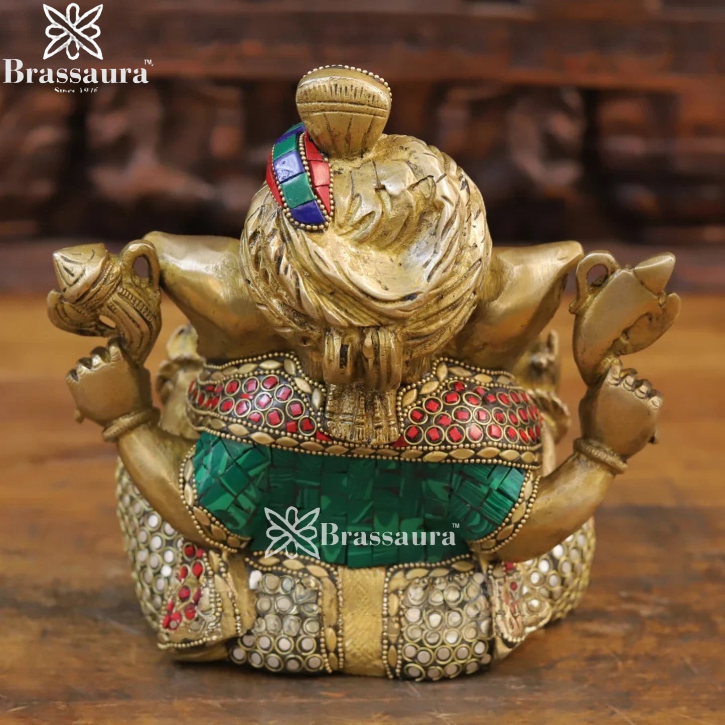 Brass Gem Stone Work Turban Ganesha Weight 5.4 Kg & Height 9 Inch