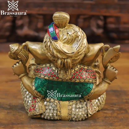 Brass Gem Stone Work Turban Ganesha Weight 5.4 Kg & Height 9 Inch