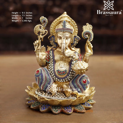 Brass Gem Stone Work Ganesha Weight 5.4 Kg & Height 9.5 Inch