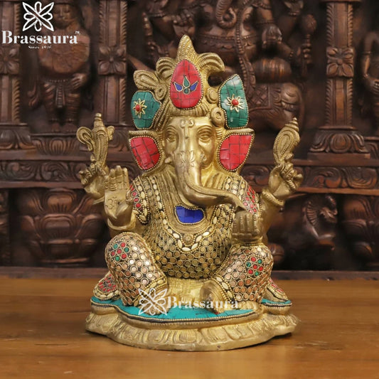 Brass Gem Stone Work Ganesha Weight 6 Kg & Height 11 Inch