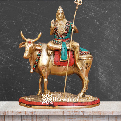 Brassaura™ Brass Gem Stone Work Shiva Sitting on Nandi , Height 9 Inches & Weight 3.4 Kgs