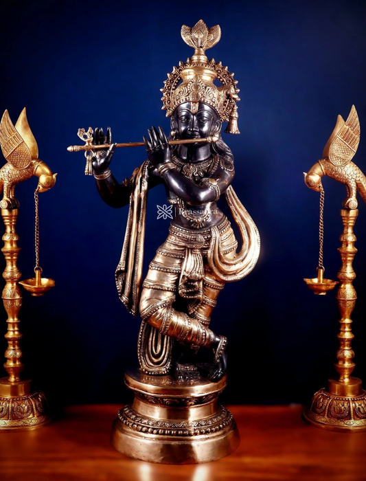 Brassaura® Large Lord Krishna Brass Idol | Black & Golden Finish | Pure Solid Brass Handcrafted Krishna Murti for Home Temple, Spiritual Décor & Gifting | Height 36 Inches | Weight 22 Kg