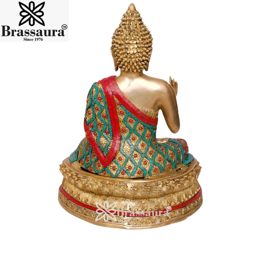 Brassaura® Buddha Sitting in Blessing Mudra Idol with Gem Stone Work Finish and Base | Pure Superfine Brass Handcrafted Murti | Brass Statue for Home Temple, Pooja Room | Height 20 Inches | Weight 20 Kgs