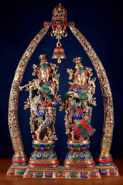 Brassaura™ Brass Radha Krishna Temple Arch with Krishna Leelas & Meenakari – Arch Height 45 Inches & Total Weight 70 Kgs | Elegant Devotional Masterpiece