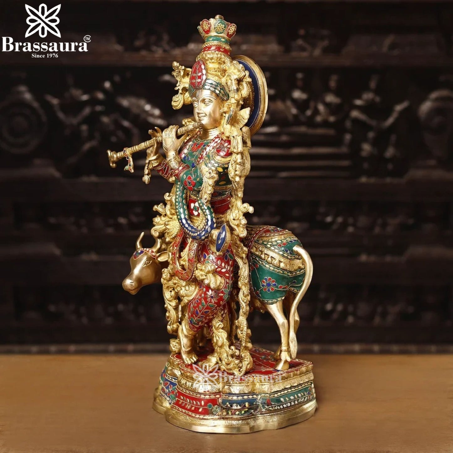 Brass Gem Stone Work Cow Krishna Murti Weight 23.77 Kg And Height 26 Inch