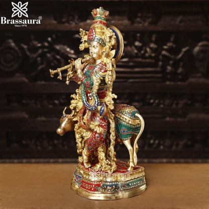 Brass Gem Stone Work Cow Krishna Murti Weight 23.77 Kg And Height 26 Inch