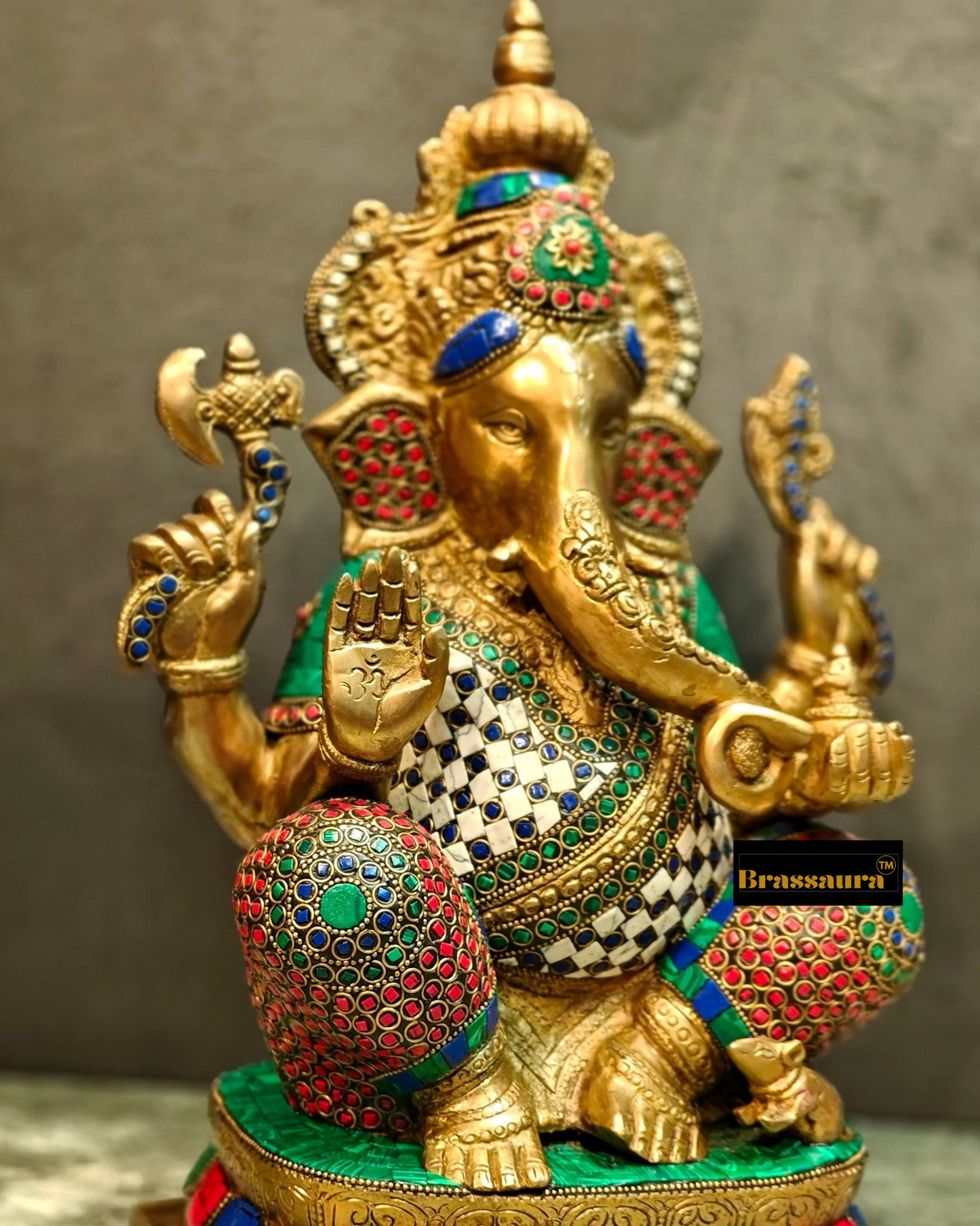 Brassaura™ 16-Inch Brass Ganapati Idol with Semi-Precious Stones – Weight 12.5 Kgs
