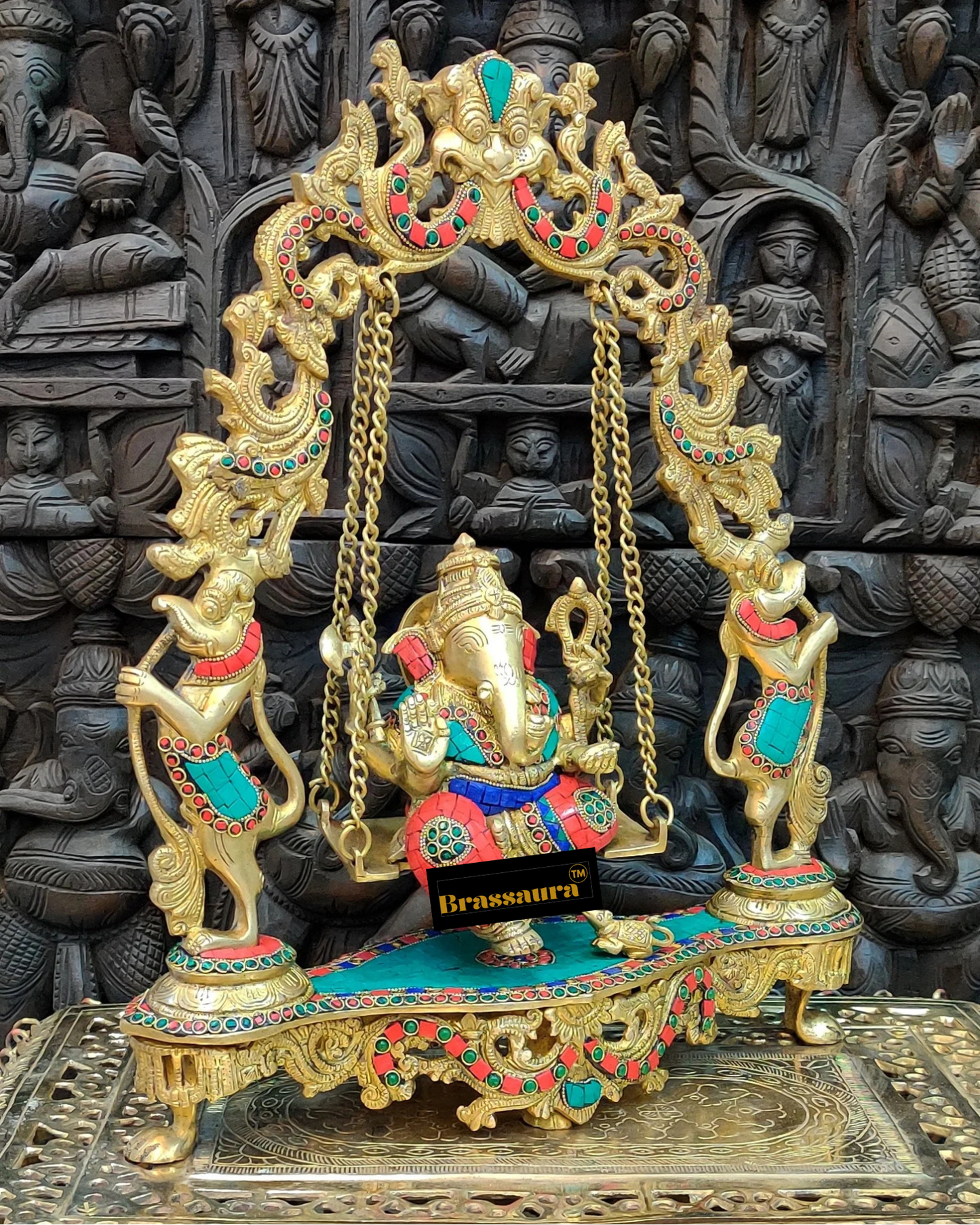 Brassaura™ Brass Lord Ganesha Swing with Multicolor Stonework – 18 Inch Height | 7.5 Kg | Elegant Home Decor & Gift