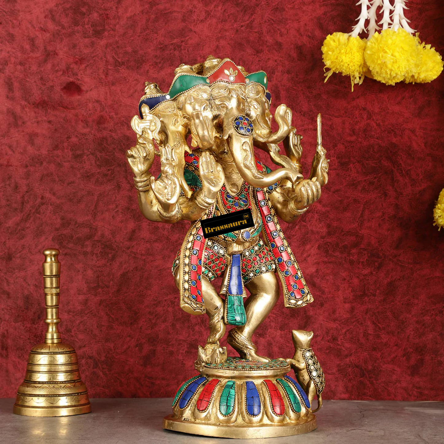 Brassaura™ Brass Panchmukhi Dancing Ganesha Statue – Black & White Sand Finish | Height 15 Inches, Weight 8 Kgs