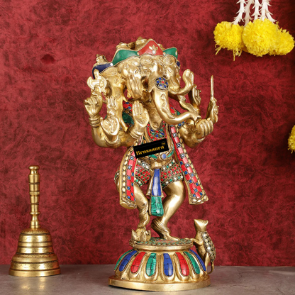 Brassaura™ Brass Panchmukhi Dancing Ganesha Statue – Black & White Sand Finish | Height 15 Inches, Weight 8 Kgs