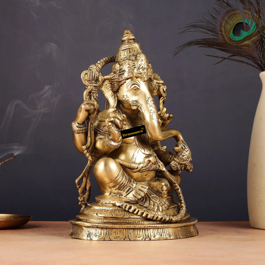 ब्रेसौरा® शुद्ध पीतल गणेश प्रतिमा - ऊंचाई 10 इंच | ज्ञान और समृद्धि की मूर्ति