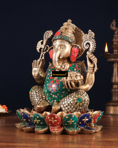 Brassaura™ Pure Brass Lotus Seated Ganesha Idol – 11 Inch Height | 8.5 kg | Intricate Stonework & Brass Rings | Spiritual Home Décor