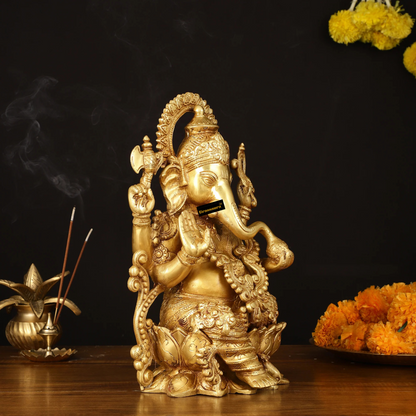 Brassaura™ Handcrafted Pure Brass Ganesha Idol on Lotus – 12.25 Inch Height | 8 kg | Golden Finish | Elegant Décor for Home, Office & Temple