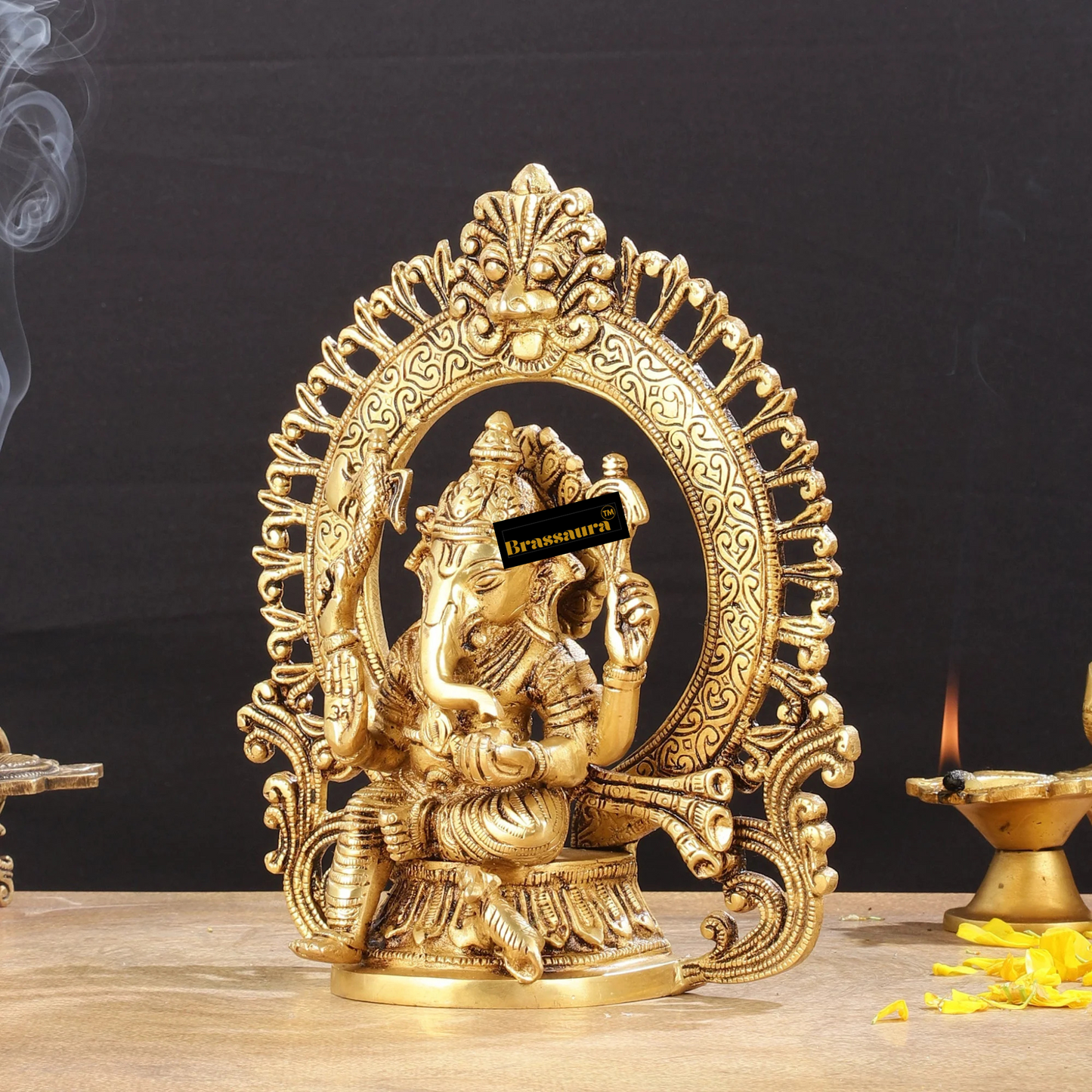 Brassaura™ Brass Lord Ganesha Idol with Arch Prabhavali – Height 9 Inches, Weight 2.6 Kgs