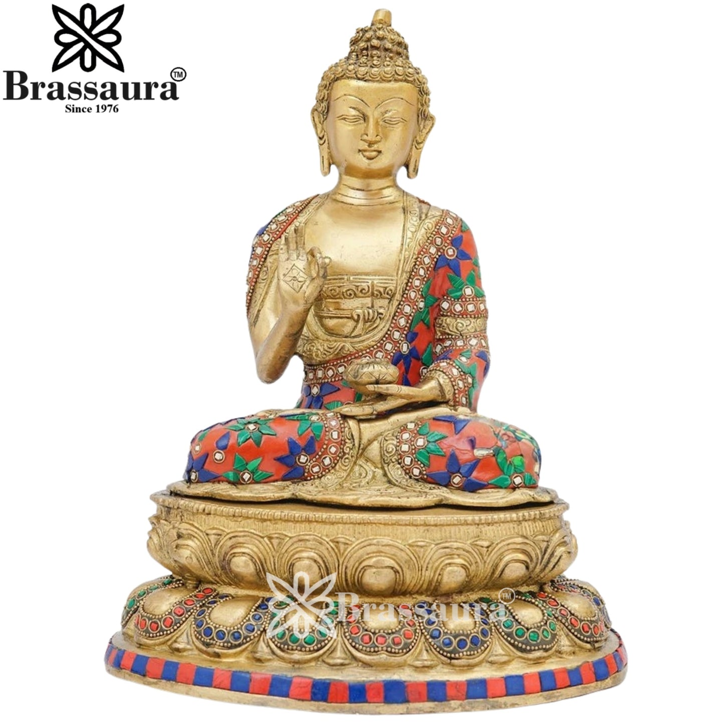 Brass Blessing Gem Stone Work Buddha Weight 5 kg & Height 13 Inch