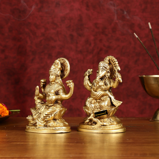 Brassaura® Brass Duo – Ganesha & Lakshmi Idols | Height 5 Inches | Auspicious Set
