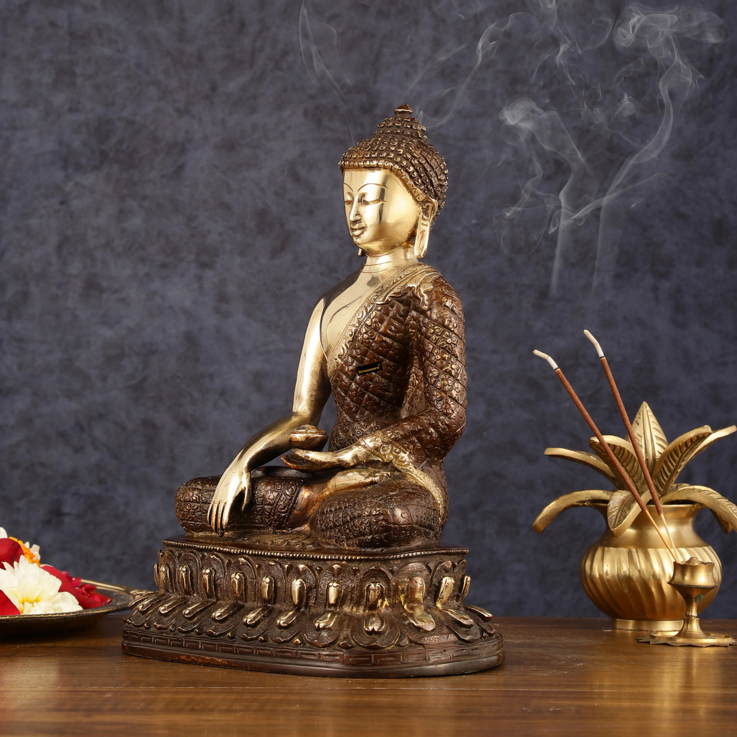 Brassaura™ Pure Brass Buddha Statue in Bhumi Nirvana Mudra – Height 10.5 Inches, Weight 3.33 Kgs