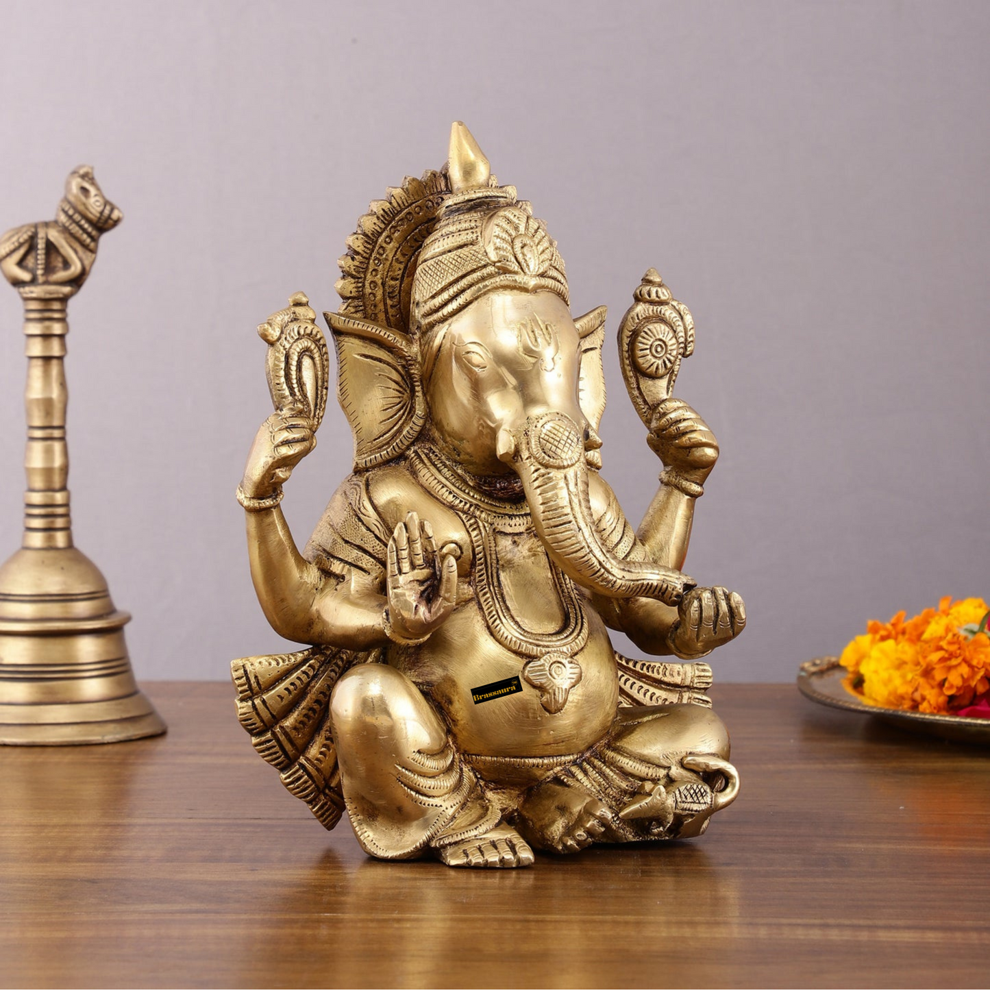 Brassaura™ Unique Brass Lord Ganesha Statue – 9.5" Height, 4.13 kg – Handcrafted Divine Elegance