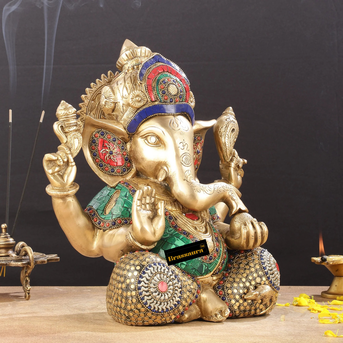 Brassaura™ Ganapati Brass Idol – Intricate Stonework | Height 12 Inches, Weight 9 Kgs