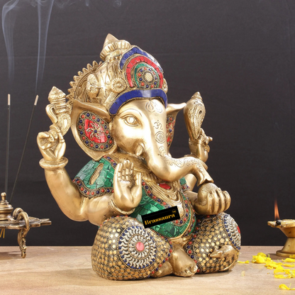 Brassaura™ Ganapati Brass Idol – Intricate Stonework | Height 12 Inches, Weight 9 Kgs