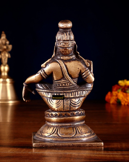Brassaura™ Brass Lord Ayyappan Idol – 5 inch | 0.83 kg | Burnt Brass Finish for Home Temple & Spiritual Decor