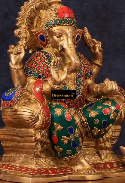 Brassaura™ Handcrafted Brass Ganesha Idol with Meenakari Stonework – 10 Inch Height | 5 kg | Artistic Spiritual Décor