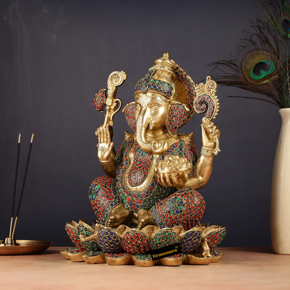Brassaura™ Brass Seated Ganesha on Lotus – Height 11 Inches, Weight 8.5 Kgs | Auspicious & Prosperity Idol