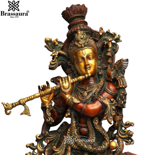 Brassaura® Chola-Inspired Vintage Finish Brass Lord Krishna Playing Flute with Sacred Cow Idol | Handcrafted Premium Brass Murti for Home Temple & Spiritual Décor | Height 28 Inches | Weight 35 Kg