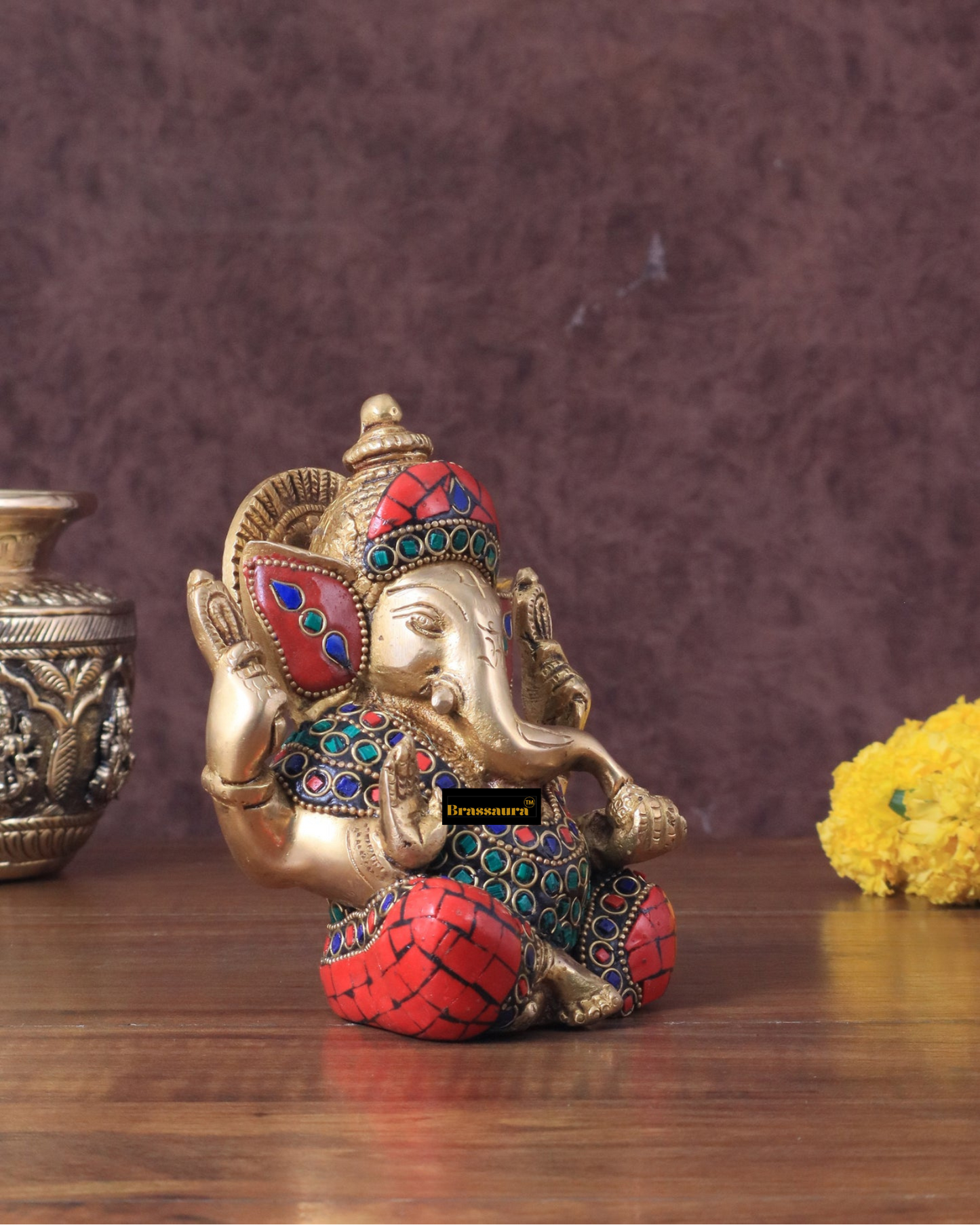 Brassaura™ Pure Brass Meenakari Lord Ganesha Idol – 6" Height, 1.8 kg – Handcrafted with Natural Colour Stones