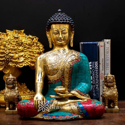 Brass Bhumisprasa Gem Stone Work Buddha Weight 6.2 kg & Height 12 Inch