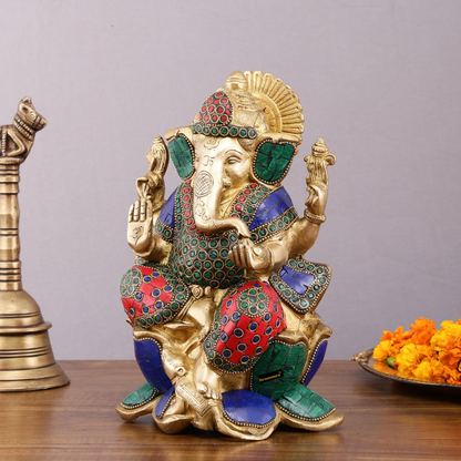Brassaura™ Handcrafted Brass Ganesha Idol on Lotus – 10" Height, 4.5 kg – Meenakari Stone Adorned Divine Décor