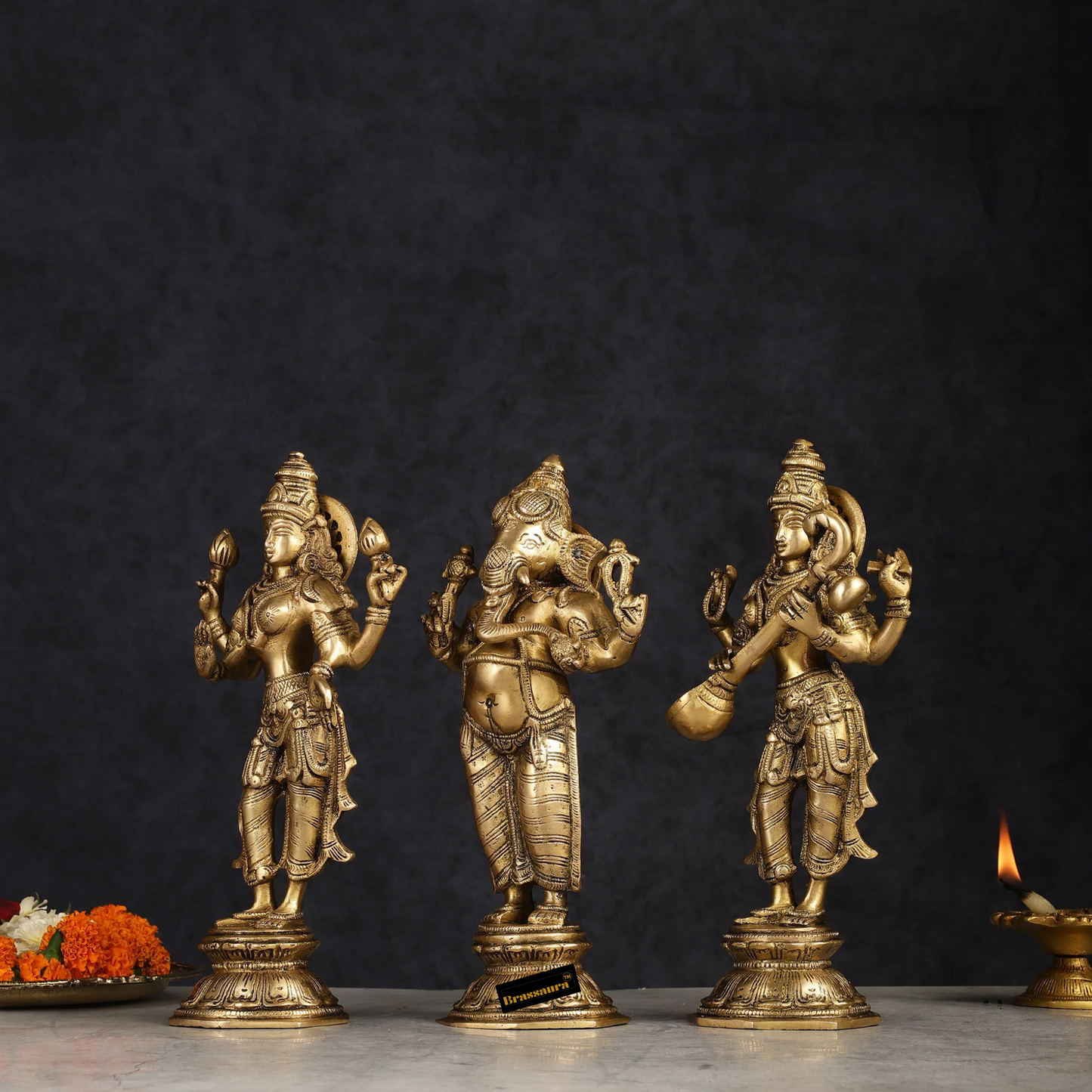 Brassaura™ Brass Standing Ganesh Lakshmi Saraswati Idol Set | Height 10 inch Each | Weight 9 Kg | Spiritual Home Decor