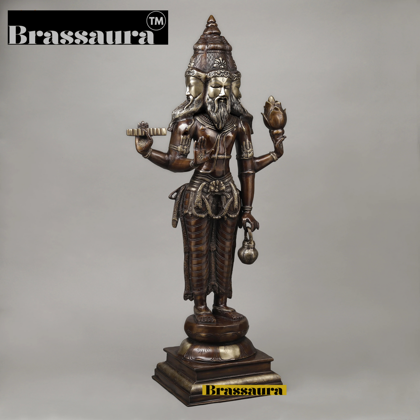 Brassaura™ Brass Brahma Dev Idol – Height 39 Inches & Weight 29.45 Kgs | Elegant Brass Deity Idol for Spiritual Ambience