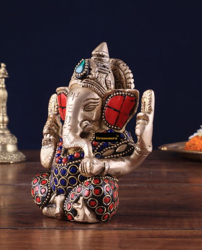 Brassaura™ Small Pure Brass Lord Ganesha Idol – 5" Height, 0.8 kg – Intricately Adorned with Stonework