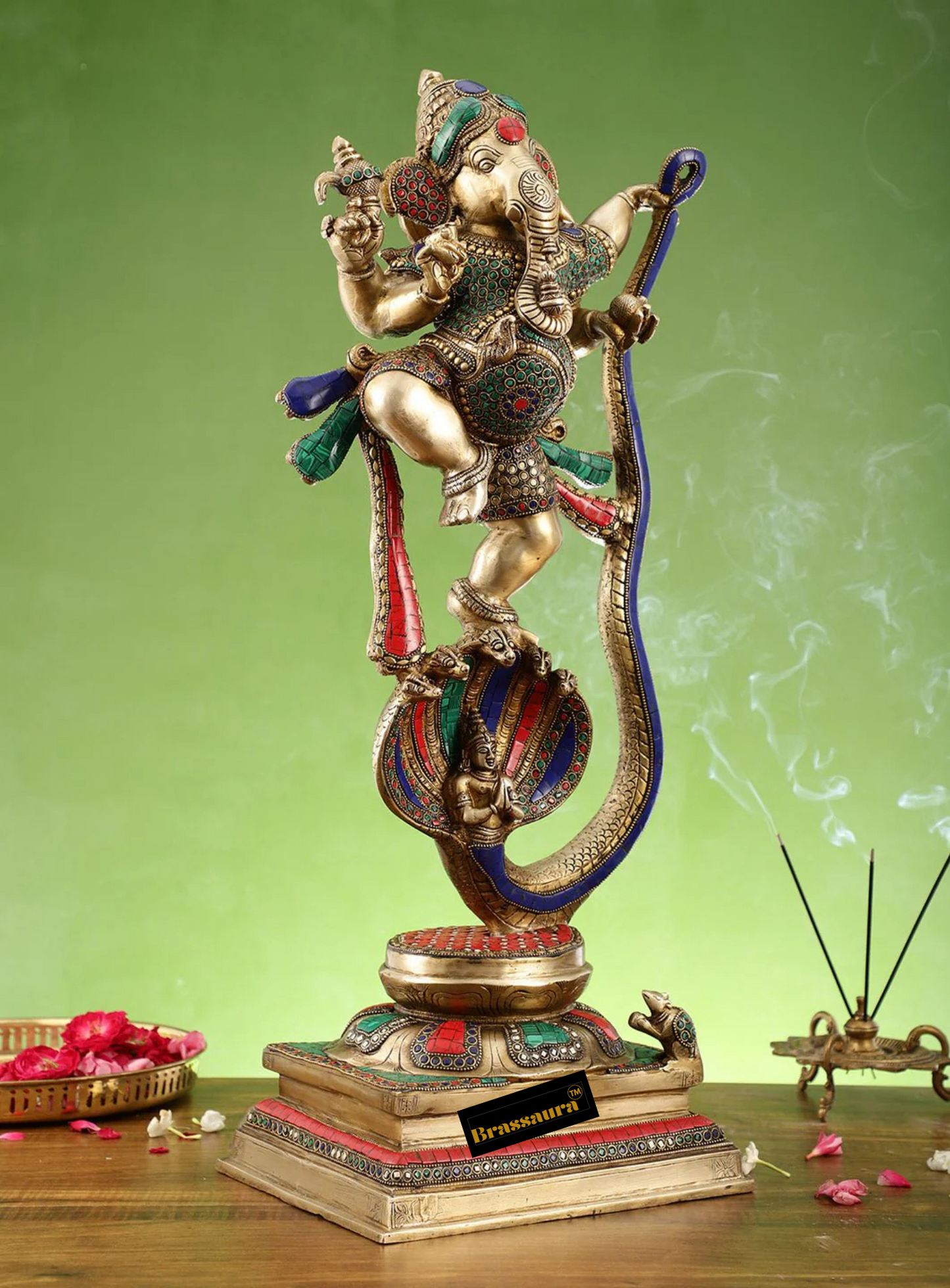 Brassaura™ Brass Ganapathi Dancing on Vasuki Nag Statue with Meenakari Stonework – 26.5 Inch Height | 18 Kg