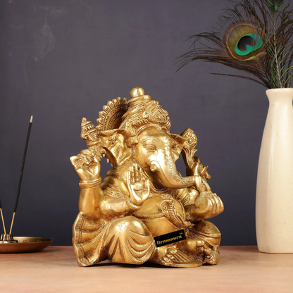 Brassaura™ Brass Ganesha Idol – Height 9 Inches, Weight 5 Kgs | Wisdom & Prosperity Statue