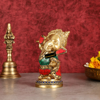 Brassaura™ Handcrafted Brass Ganesha Idol – Meenakari Stonework | Height 5 Inches, Weight 1 Kg