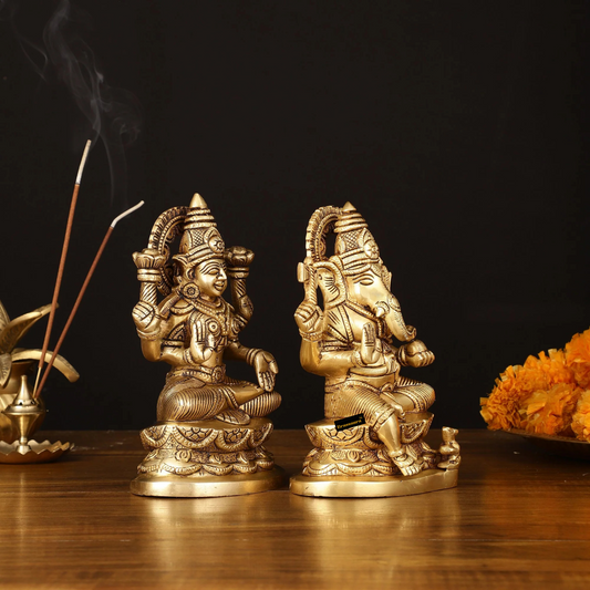 Brassaura® Brass Superfine Ganesh Lakshmi Idol – 7 Inch Height | Divine Blessings for Prosperity & Wisdom