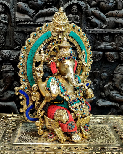 Brassaura™ Pure Brass Ganapati Statue on Lotus Throne with Prabhavali – 15.5 Inch Height | 12 Kg | Meenakari Stonework