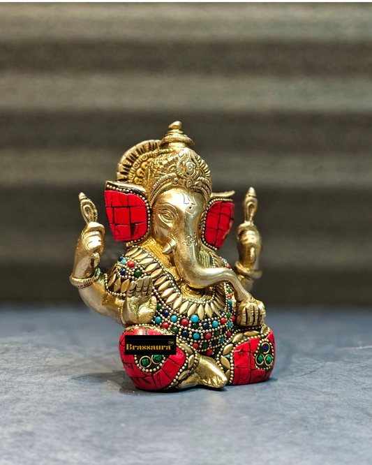 ब्रासौर® शुद्ध पीतल गणेश मूर्ति मीनाकारी स्टोनवर्क के साथ - ऊँचाई 6 इंच