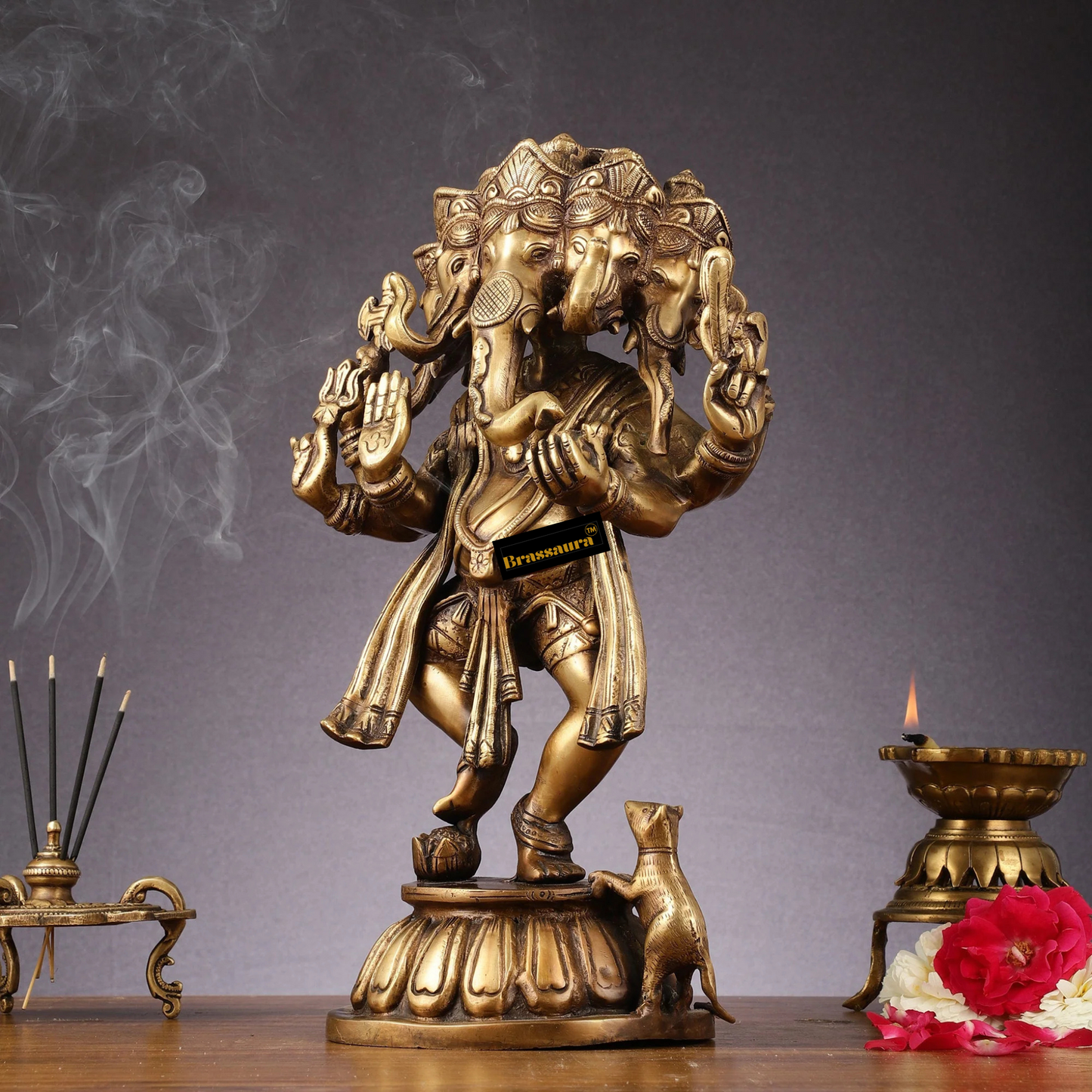 Brassaura™ Brass Panchmukhi Dancing Ganesha Statue – Antique Finish | Height 15 Inches, Weight 8 Kgs