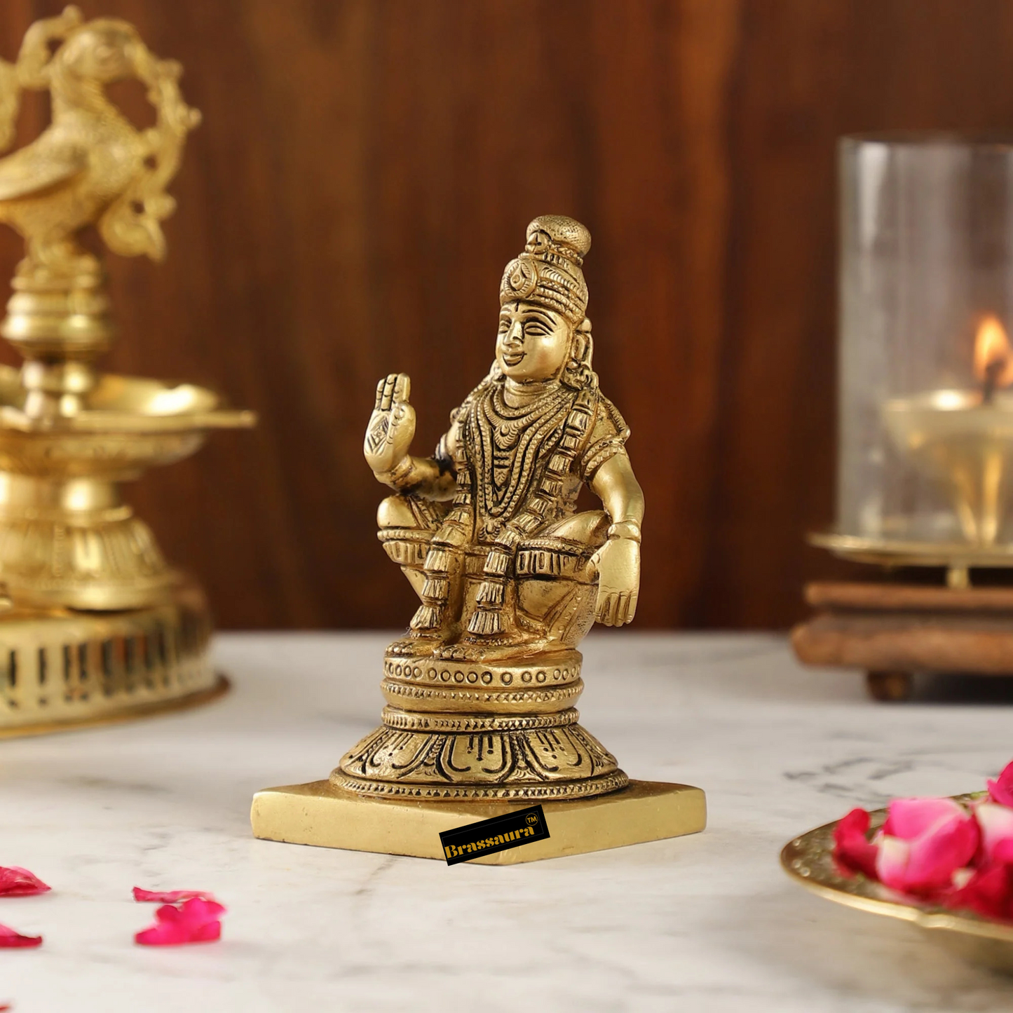 Brassaura™ Brass Lord Ayyappan Swamy Idol – 5 inch | 0.9 kg | Superfine Brass Statue with Bow & Arrow for Home Temple & Decor