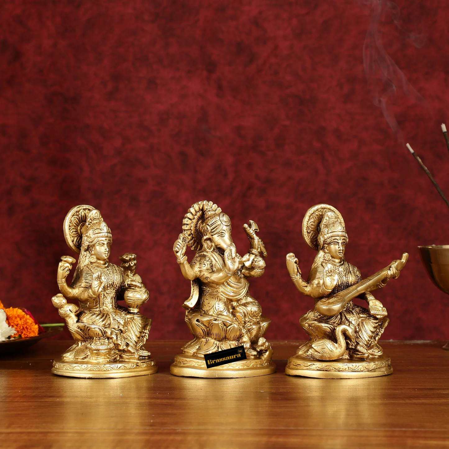 Brassaura™ Brass Trio – Ganesha, Lakshmi & Saraswati Idols | Height 5 Inches, Weight 3 Kgs | Auspicious Set