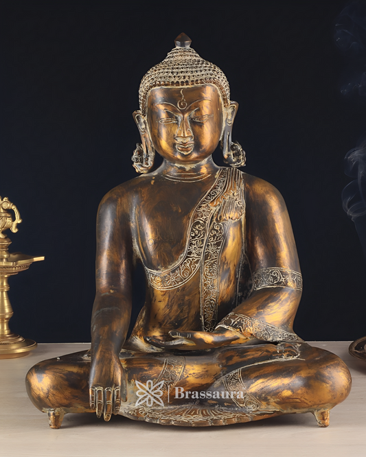 Brassaura™ Handcrafted Pure Brass Buddha Idol – Height 15 Inches, Weight 11 Kgs